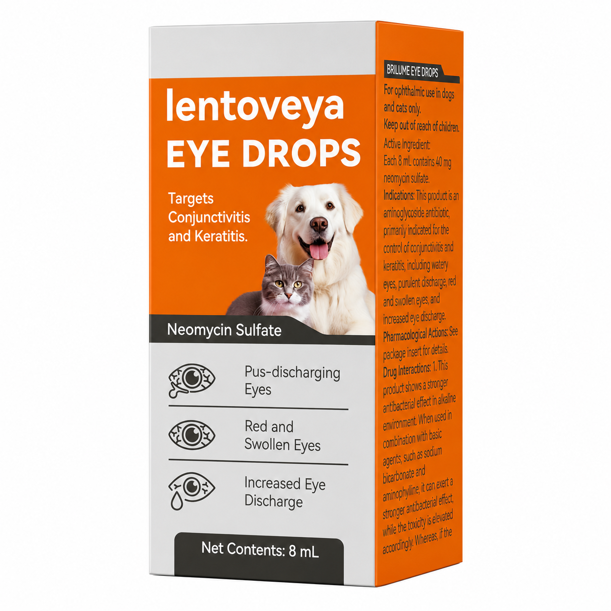 lentevoya Gotas Oftálmicas para Perros y Gatos, Solución Oftálmica Veterinaria con Sulfato de Neomicina, Apoya la Salud Ocular, Ayuda a Controlar los Síntomas de Conjuntivitis y Queratitis, Alivio del Enrojecimiento, la Secreción y la Irritación, 8 ml