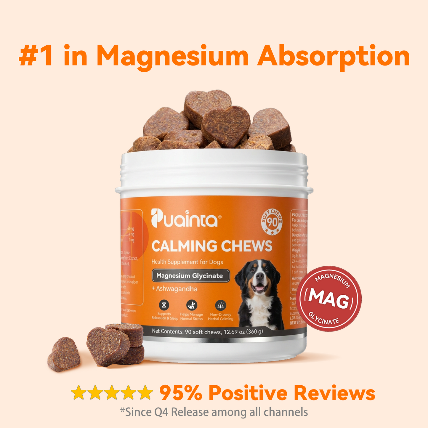 Puainta Calming Chews for Dogs – Magnesium Glycinate, Ashwagandha and L-Theanine