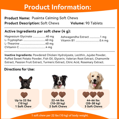 Puainta Calming Chews for Dogs – Magnesium Glycinate, Ashwagandha and L-Theanine