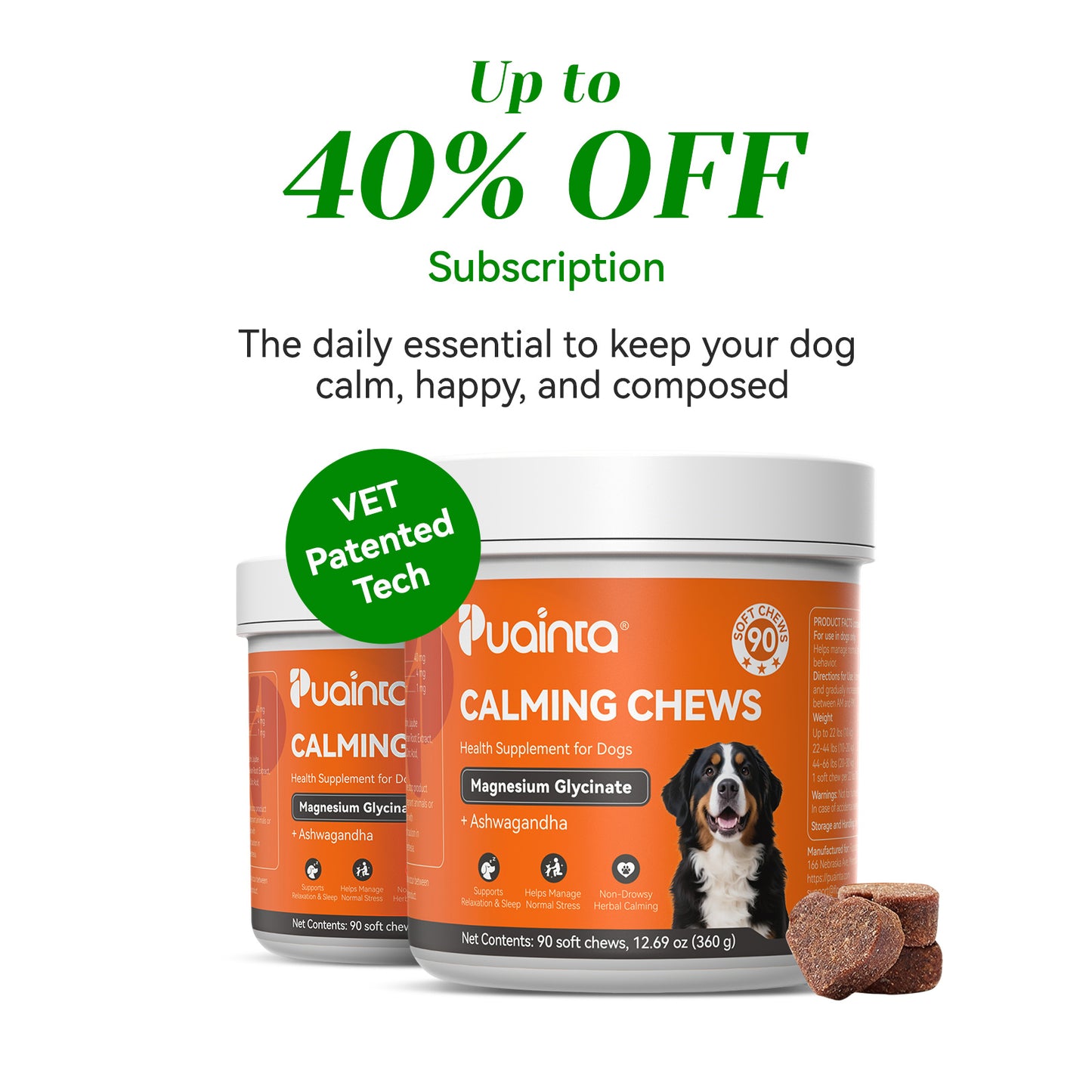 Puainta Calming Chews for Dogs – Magnesium Glycinate, Ashwagandha and L-Theanine