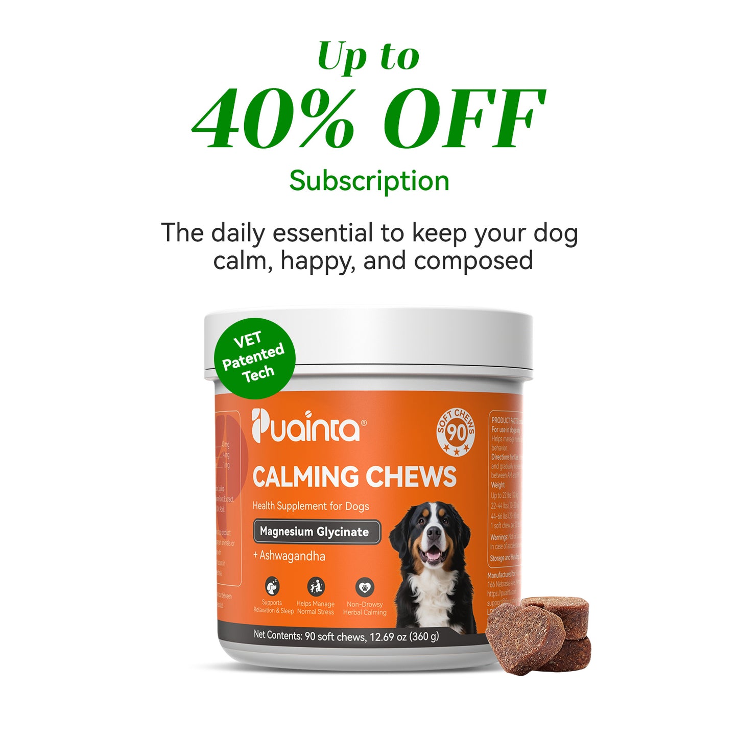 Puainta Calming Chews for Dogs – Magnesium Glycinate, Ashwagandha and L-Theanine