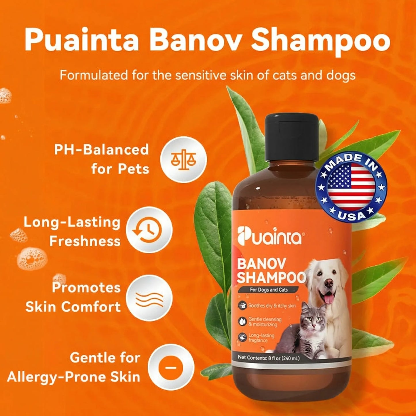 Puainta Banov Champú para Perros y Gatos – Cuidado Suave para Piel Sensible y Seca
