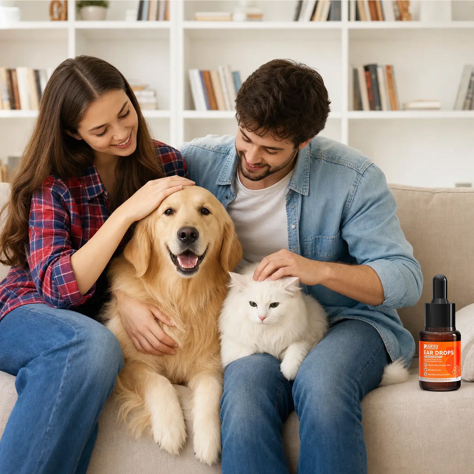 Happy dog and cat enjoying gentle ear care at home
