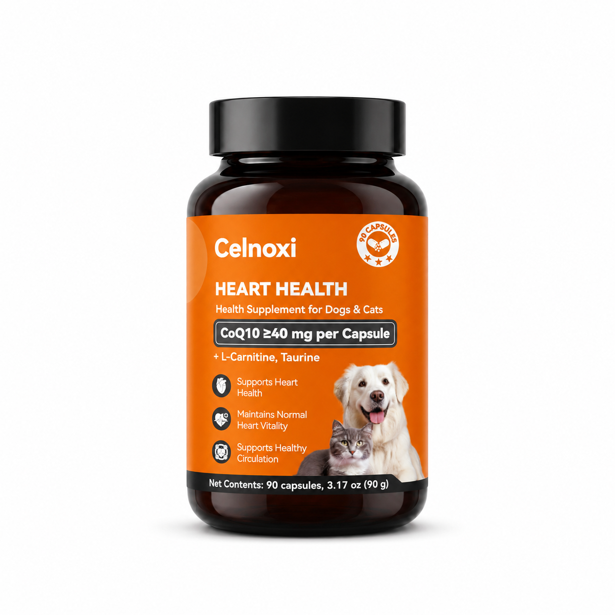 Suplemento Celnoxi para la salud cardíaca de perros y gatos, 40 mg de CoQ10 por cápsula con L-carnitina y taurina, favorece la función cardíaca, la circulación normal y la vitalidad, 90 cápsulas