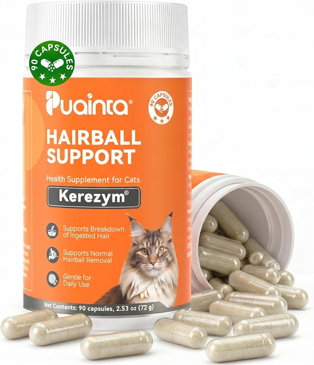 Puainta Advanced Hairball Support Capsules for Cats — Natural Enzyme & Fiber Formula for Digestion, Vomiting & Hairball Relief