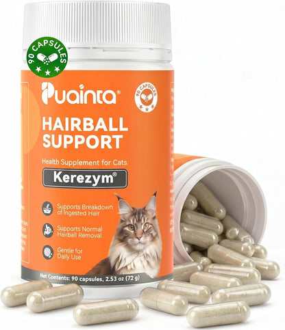 Puainta Advanced Hairball Support Capsules for Cats — Natural Enzyme & Fiber Formula for Digestion, Vomiting & Hairball Relief
