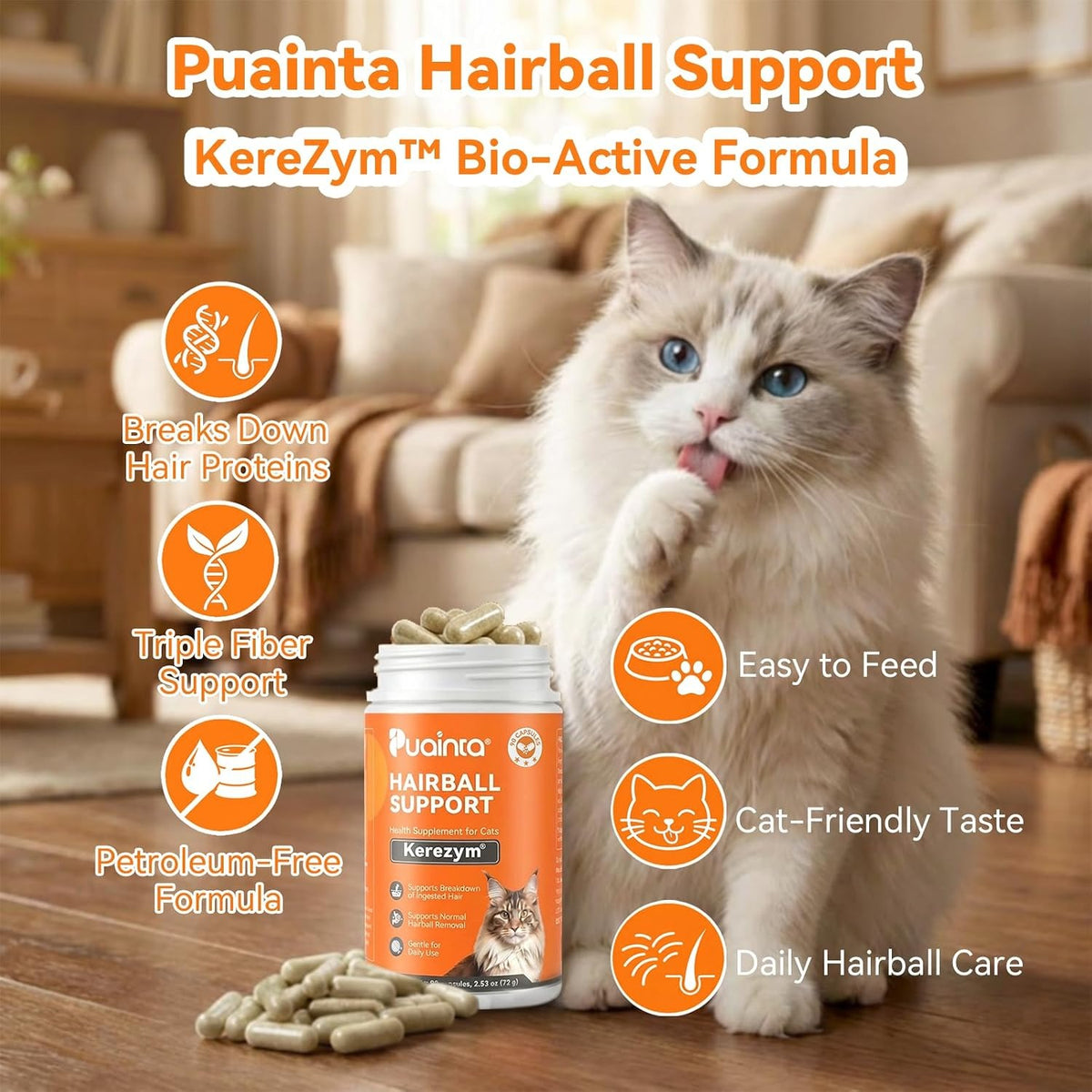 Puainta Advanced Hairball Support Capsules for Cats — Natural Enzyme & Fiber Formula for Digestion, Vomiting & Hairball Relief