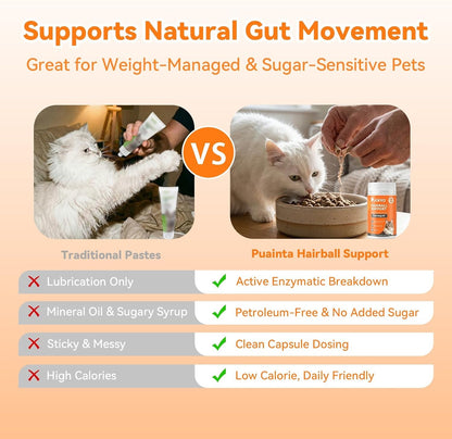 Puainta Advanced Hairball Support Capsules for Cats — Natural Enzyme & Fiber Formula for Digestion, Vomiting & Hairball Relief