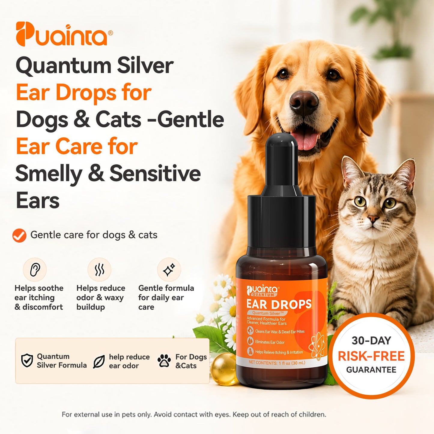 Puainta Quantum Silver Ear Drops for Dogs & Cats -Gentle Ear Care for Smelly& Sensitive Ears